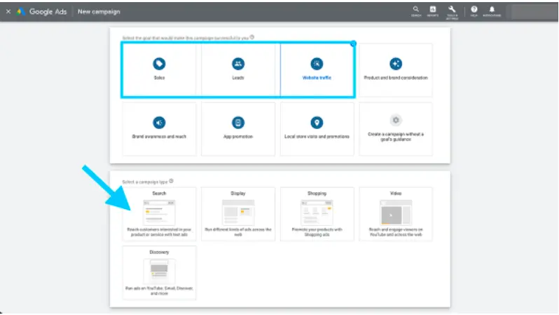 إعلانات بحث Google يمكنك الاختيار من بين أهداف حملة المبيعات أو العملاء المحتملين أو زيارات الموقع
